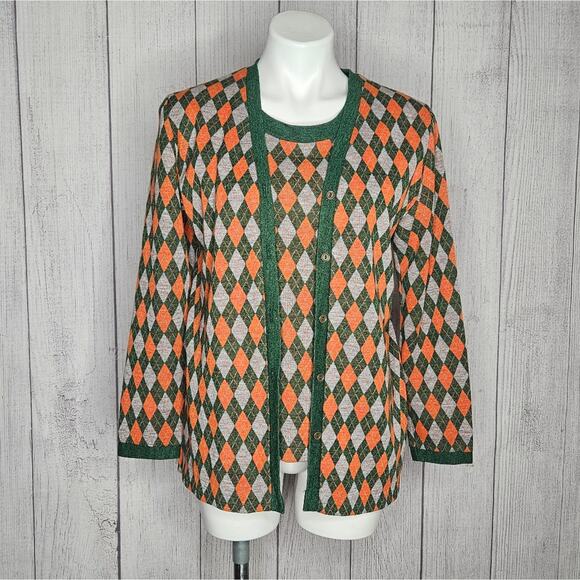 VTG 70s Groovy Green/Orange/Gray Argyle Top & Matching Cardigan - Picture 1 of 4